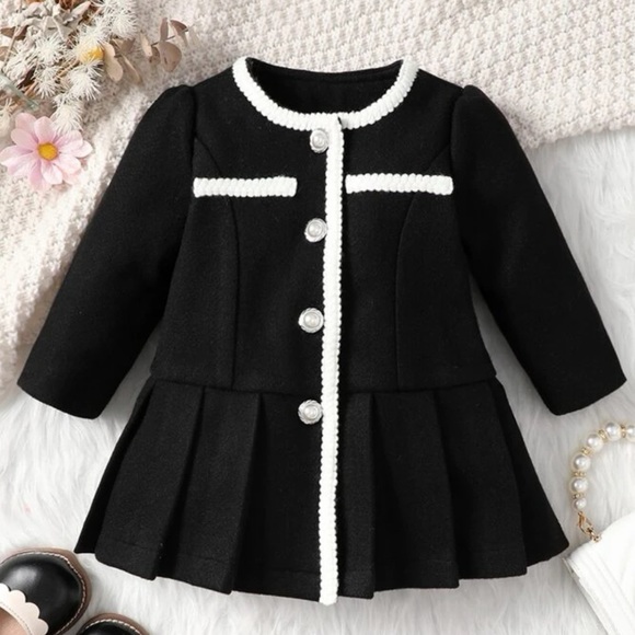 Other - Toddler girls black & white Contrast Trim Pleated Hem button up Coat dress